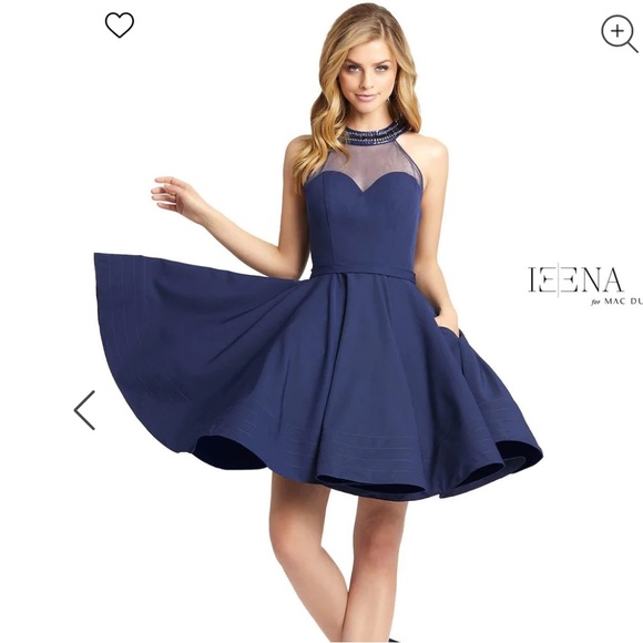 Mac Duggal Beaded Illusion Neck Skater Dress in Blue NEW Size Small